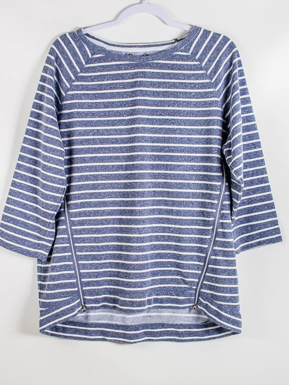 Onque Casuals Blue White Stripe 3/4 Sleeve Side Zip Top